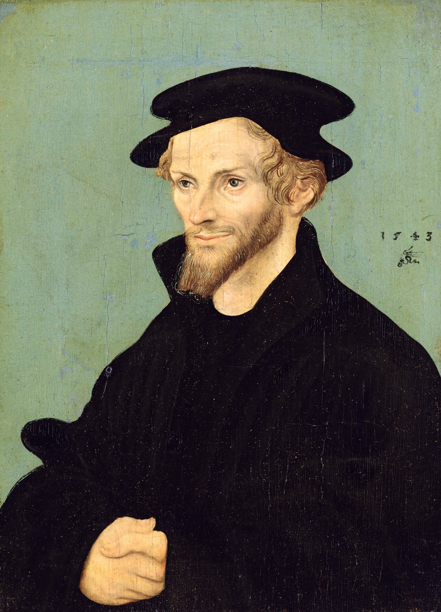 Retrato de Philipp Melanchthon (1479-1560), 1543 (óleo sobre tela) de Lucas studio of Cranach