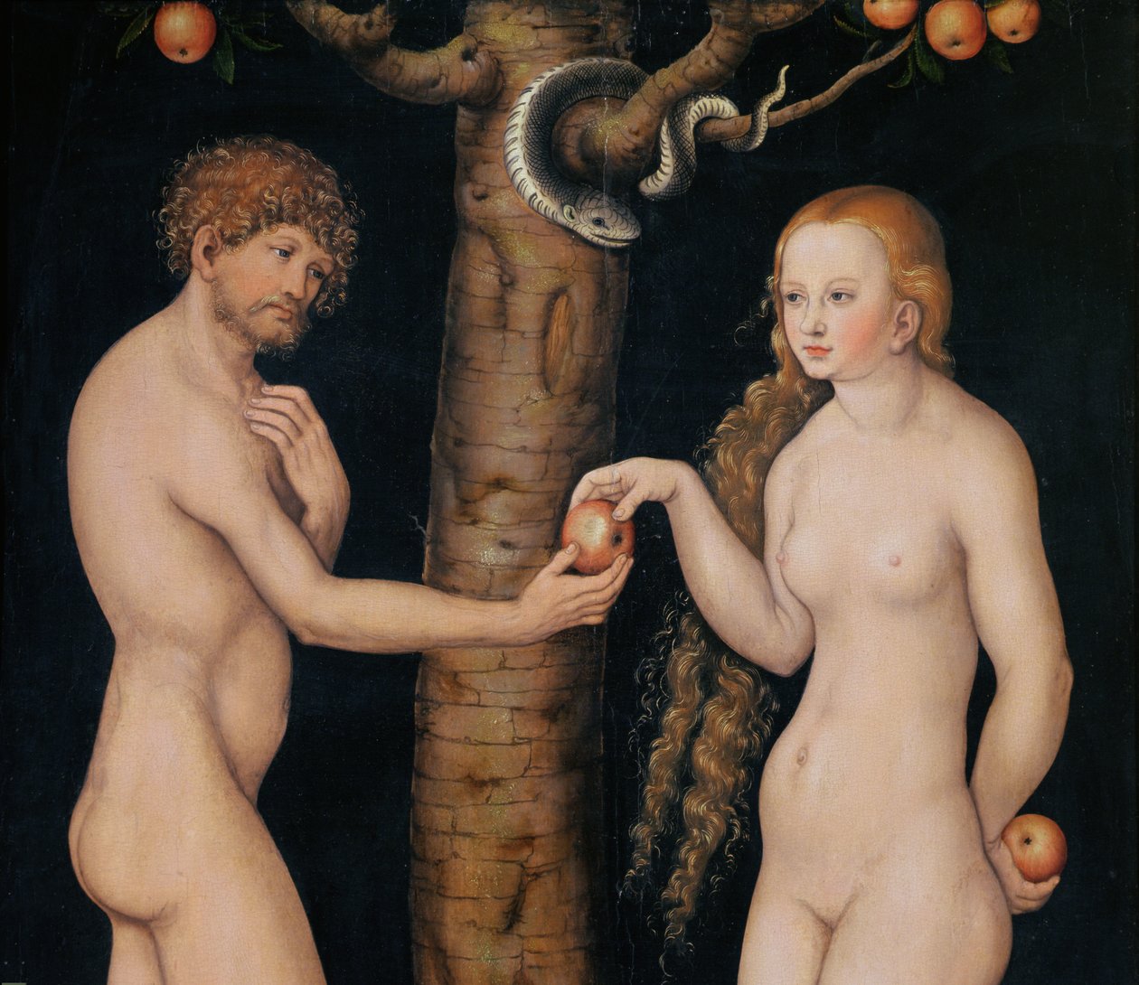 Eva oferecendo a maçã para Adão no Jardim do Éden, c.1520-25 óleo em madeira detalhe de 407328 de Lucas Cranach the Elder