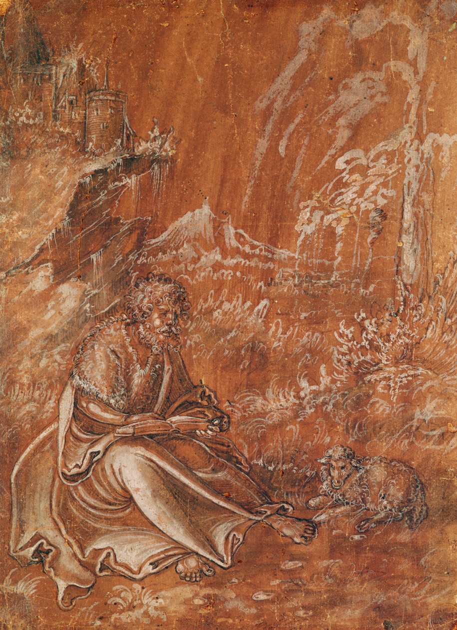 São João Batista sentado em uma paisagem montanhosa (tinta no papel) de Lucas Cranach the Elder