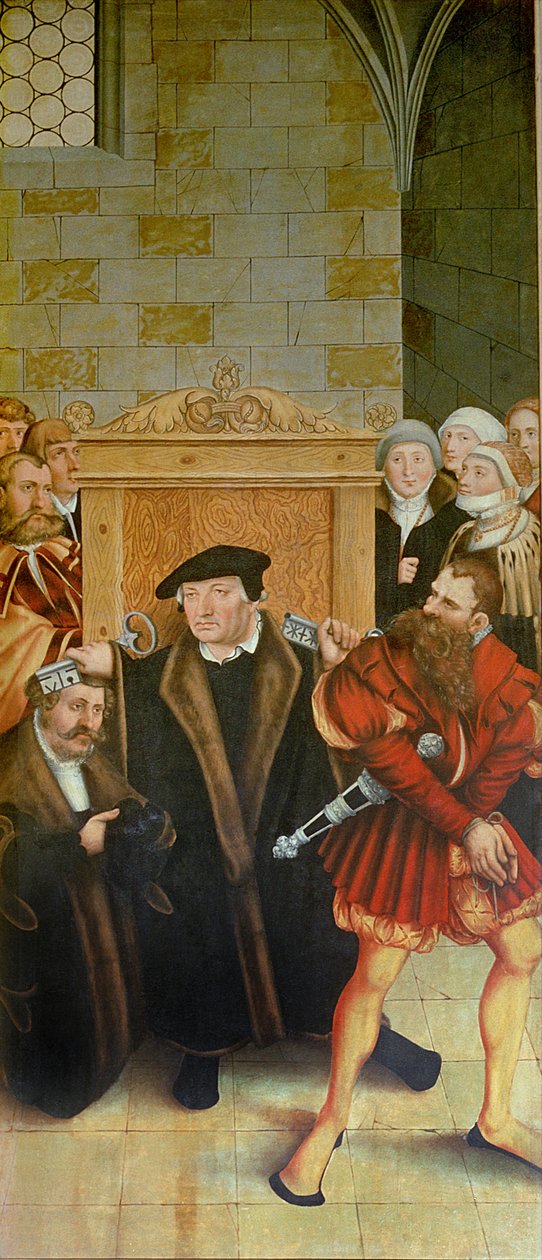 Tríptico, painel esquerdo, Philipp Melanchthon faz um batismo assistido por Martin Luther; painel central, a Última Ceia com Lutero entre os Apóstolos; painel da direita, Lutero faz sua confissão; Lutero de Lucas Cranach the Elder