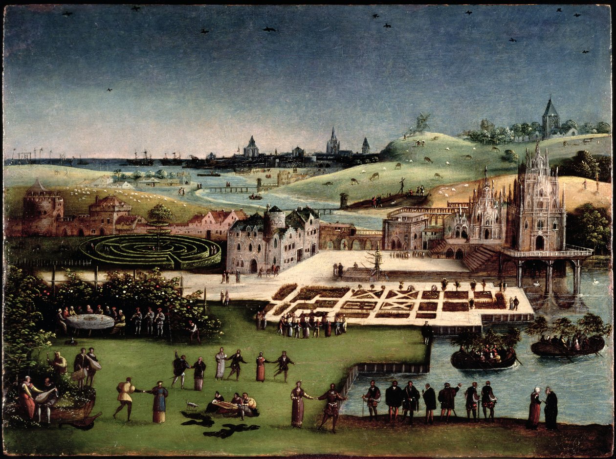 Paisagem panorâmica com um jardim de amor de Lucas van Gassel