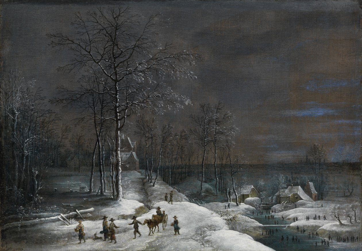 Paisagem do inverno com moinho de água com neve e Figurenstaffage de Lucas van Uden
