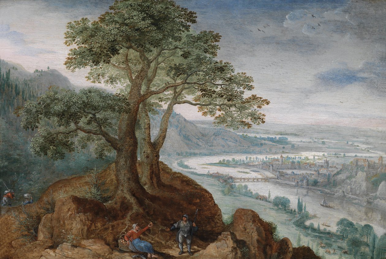 Vista de Pöstlinberg para a cidade de Linz com a esposa de um fazendeiro e um caminhante em um caminho em primeiro plano de Lucas van Valckenborch