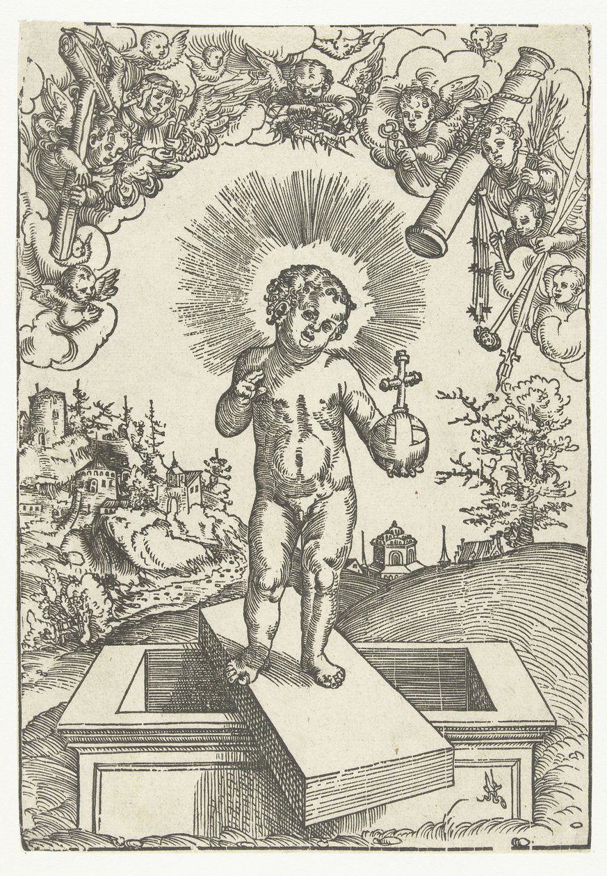 Menino Jesus como Redentor cercado por anjos com ferramentas da paixão de Lucas Cranach