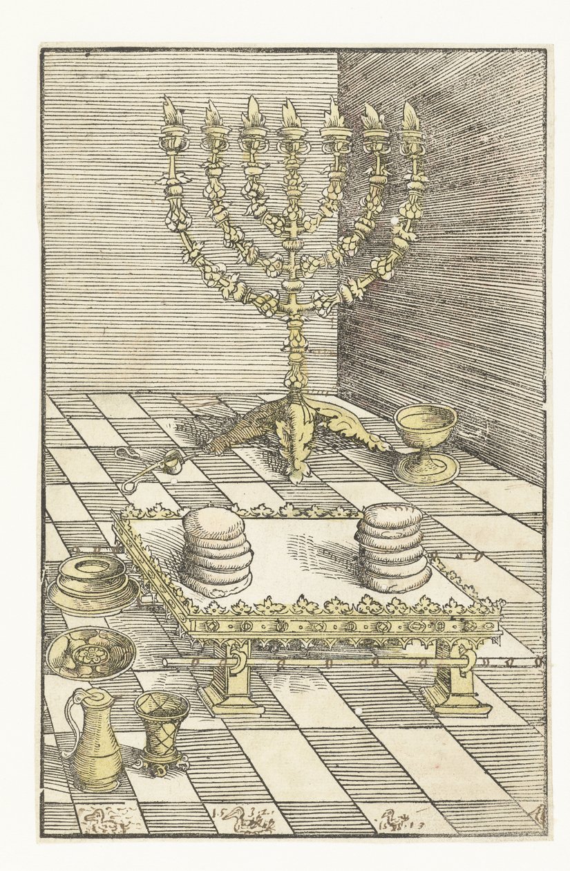 Castiçal de sete braços e mesa com o pão da proposição de Lucas Cranach