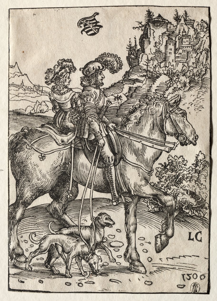 Um cavalheiro e uma senhora cavalgando para a perseguição de Lucas Cranach