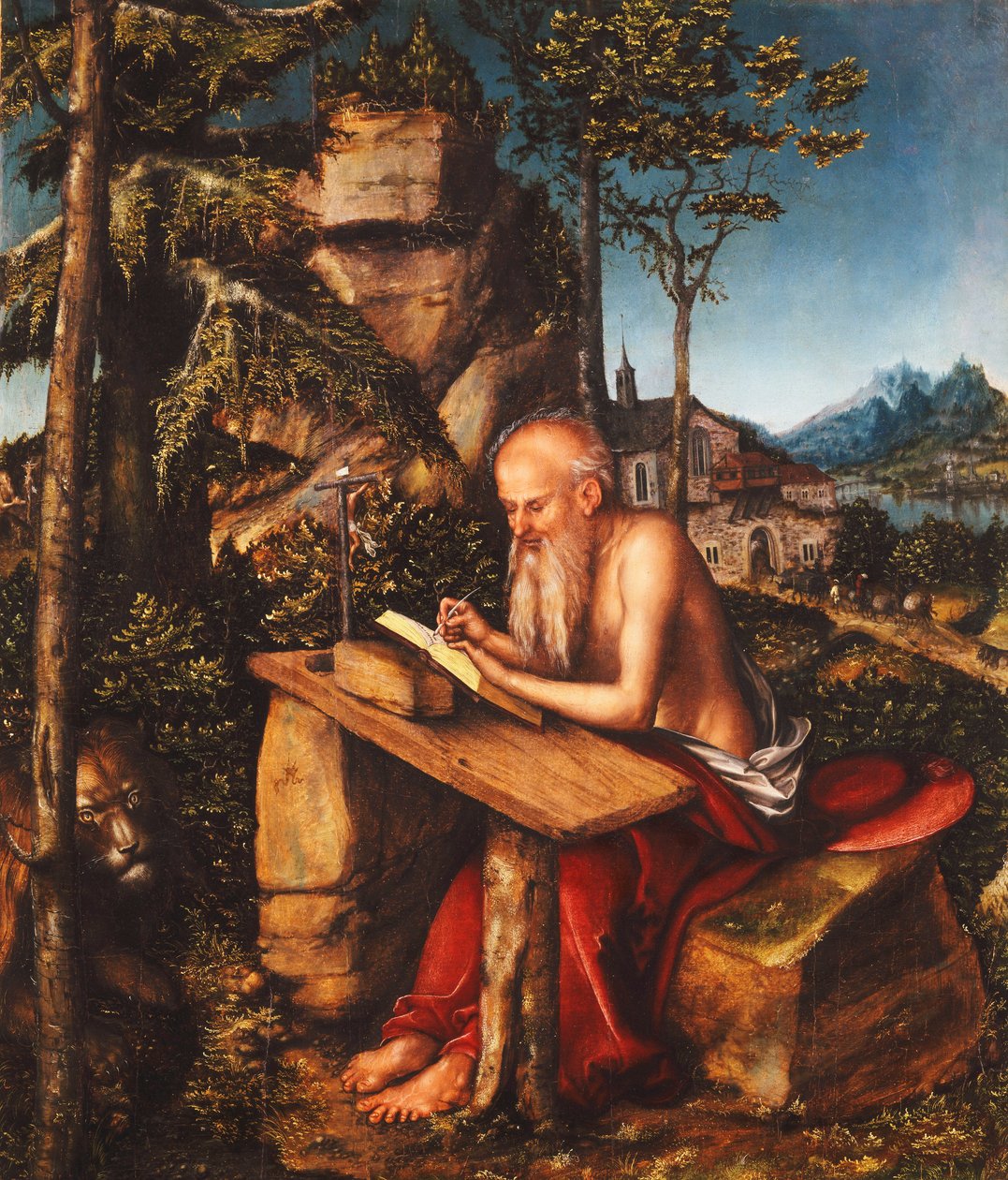 São Jerônimo escrevendo em uma paisagem rochosa, c.1515 de Lucas Cranach