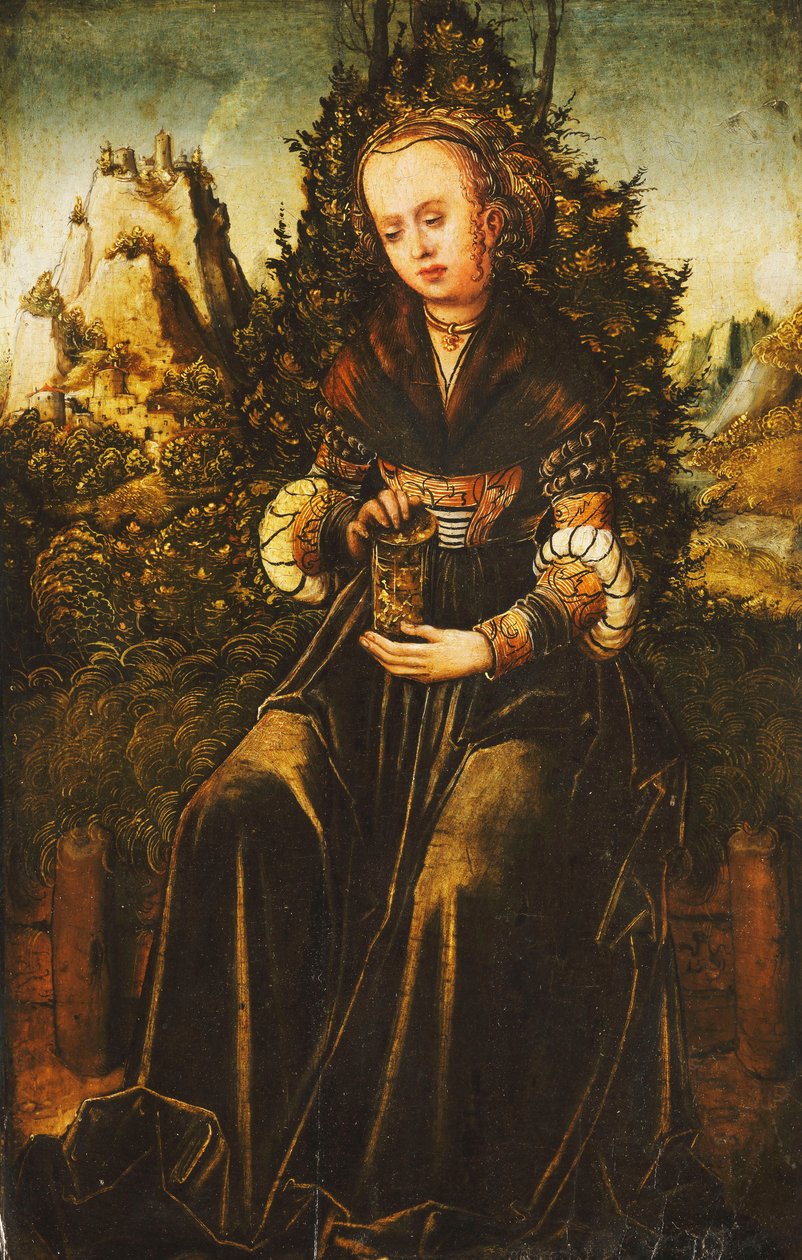 Santa Maria Madalena, sentada em uma beira gramada em uma paisagem montanhosa, de Lucas Cranach