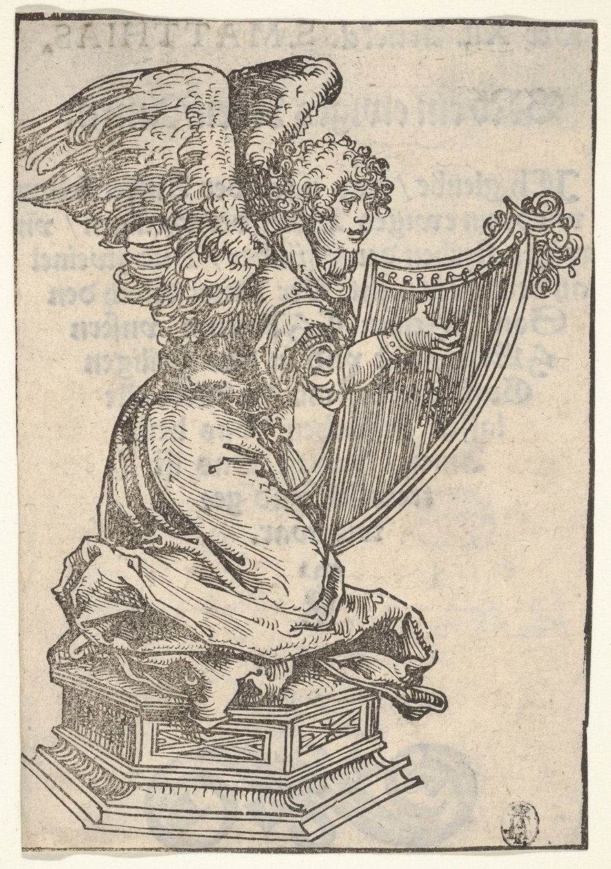 Uma estatueta de prata de um anjo tocando harpa, da grande série de Wittenberg Reliq ..., 1509. de Lucas Cranach the Elder