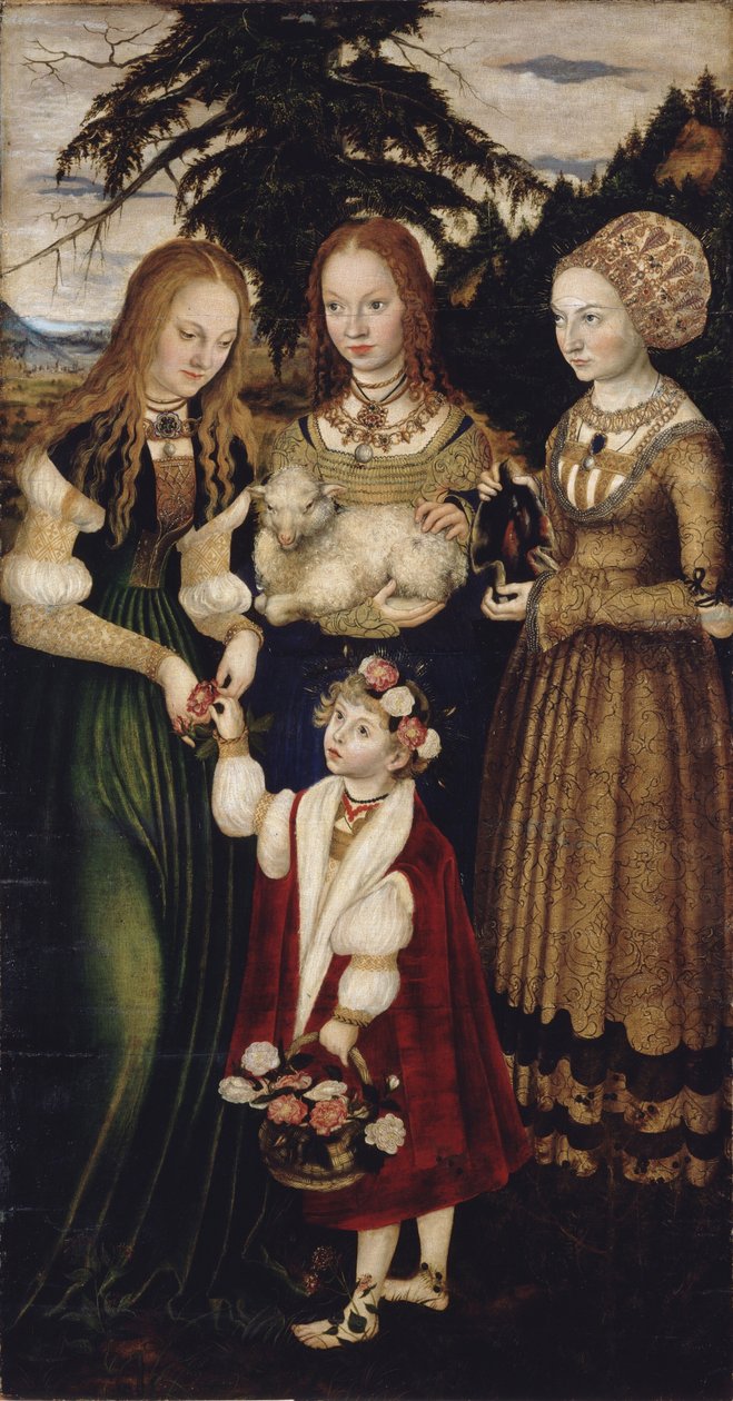 Retábulo com o Martírio de Santa Catarina, ala esquerda: Os Santos Dorothea, Agnes e Cunigund de Lucas Cranach the Elder
