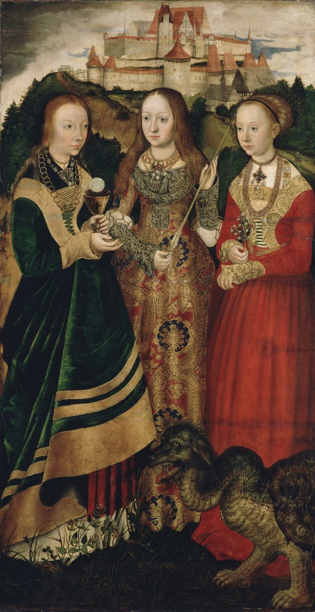 Retábulo com o martírio de Santa Catarina, ala direita: Santa Barbara, Ursula e Margaret de Lucas Cranach the Elder