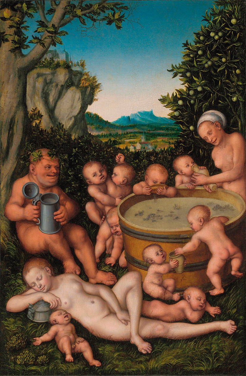 Baco na cuba de vinho de Lucas Cranach the Elder