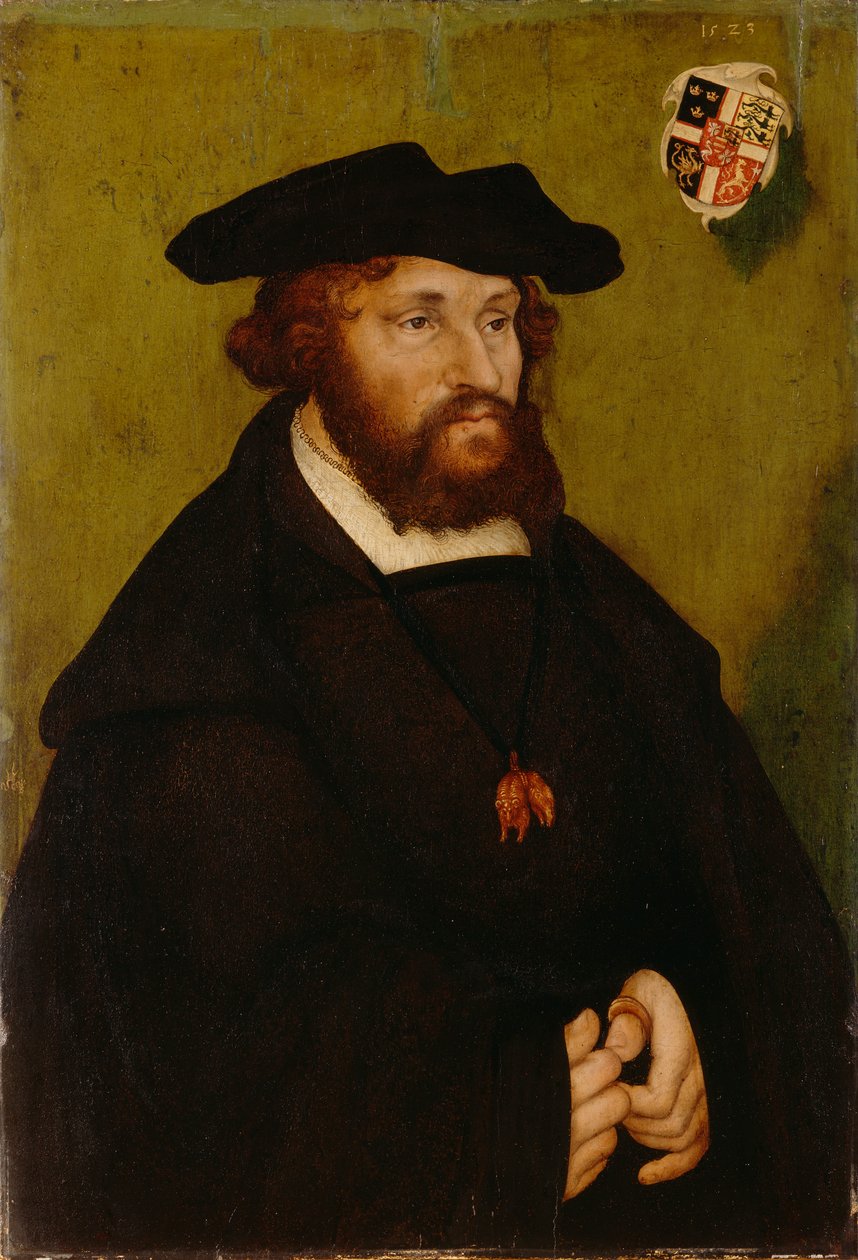 Alemão: Bildnis König Christians II. von Dänemark Retrato do Rei Christian II da Dinamarca de Lucas Cranach the Elder