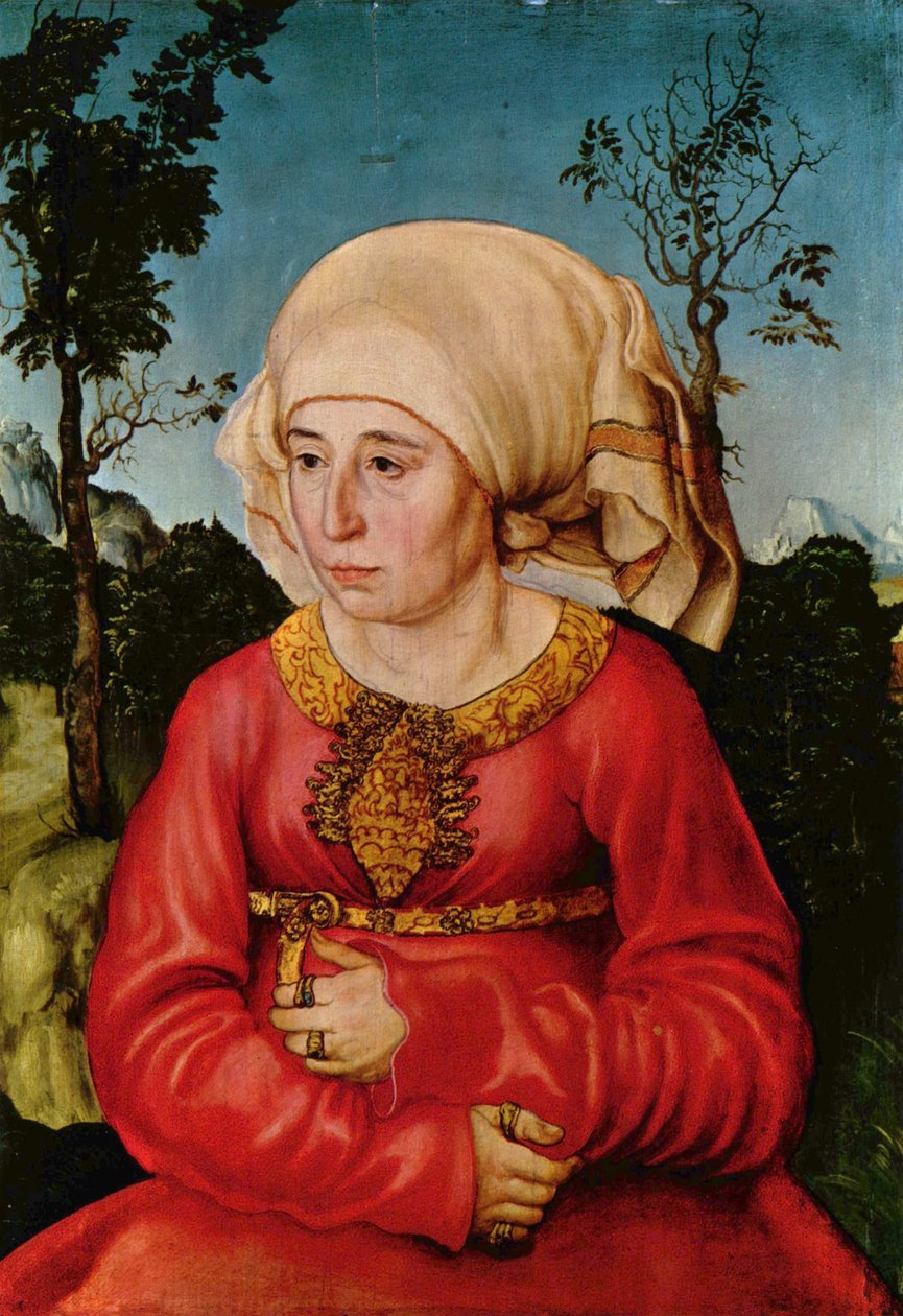 Alemão: Bildnis der Frau eines Rechtsgelehrten Retrato da mulher de um jurista / Retrato da mulher do Dr. Johann Stephan Reuss [] de Lucas Cranach the Elder