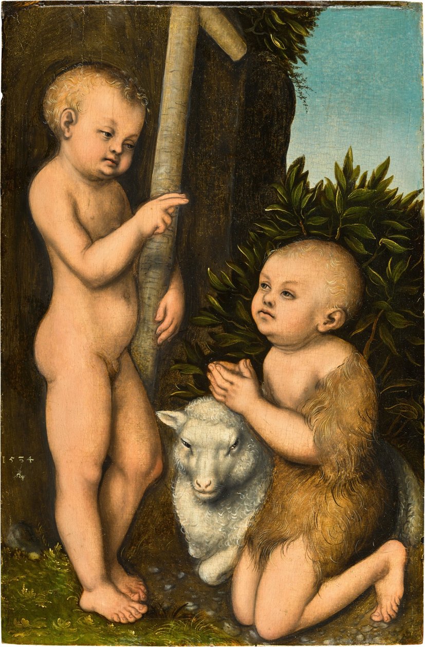 Alemão: Der Christusknabe und der ihn adoring Johannesknabe / Cristo e João Batista como meninos O jovem Cristo adorado por São João Batista de Lucas Cranach the Elder