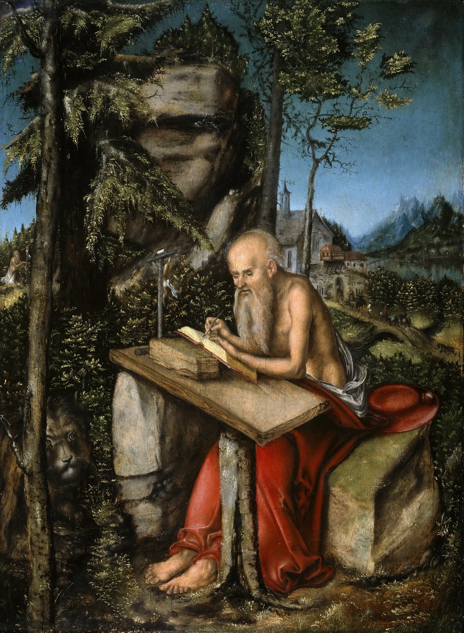 Alemão: São Jerónimo em paisagem rochosa São Jerónimo em paisagem rochosa de Lucas Cranach the Elder