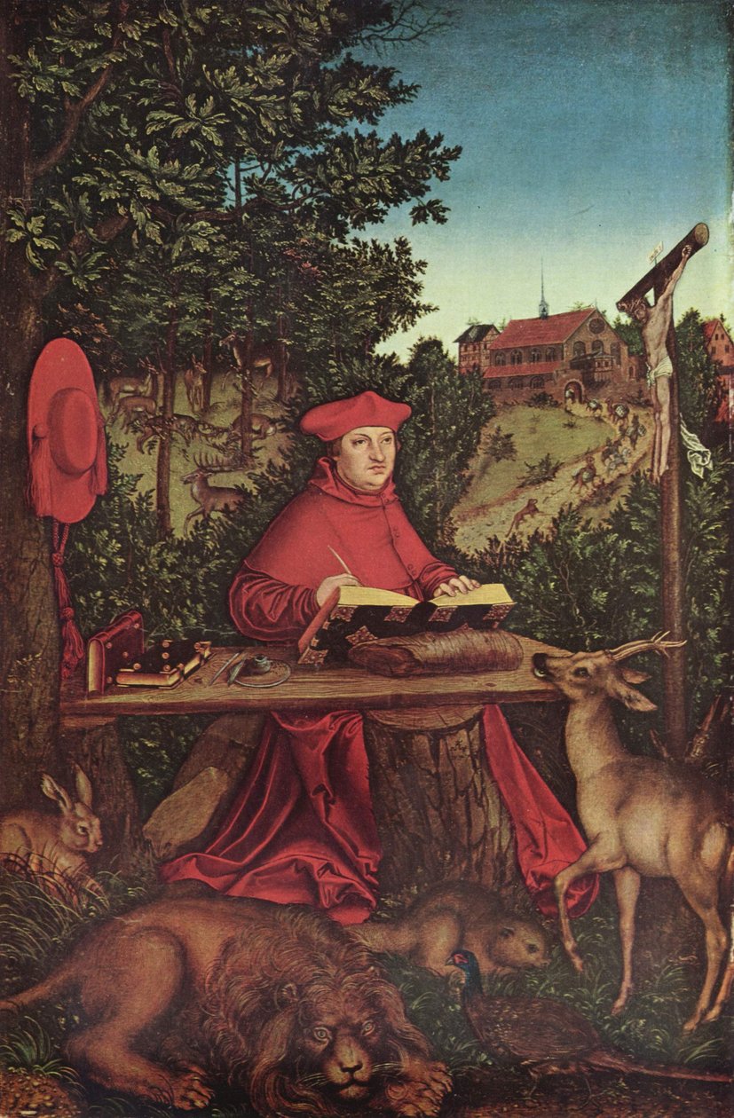 Alemão: Cardeal Albrecht von Brandenburg (1490-1545) como Heiliger Hieronymus Cardeal Albrecht de Brandenburg (1490-1545) como São Jerónimo de Lucas Cranach the Elder