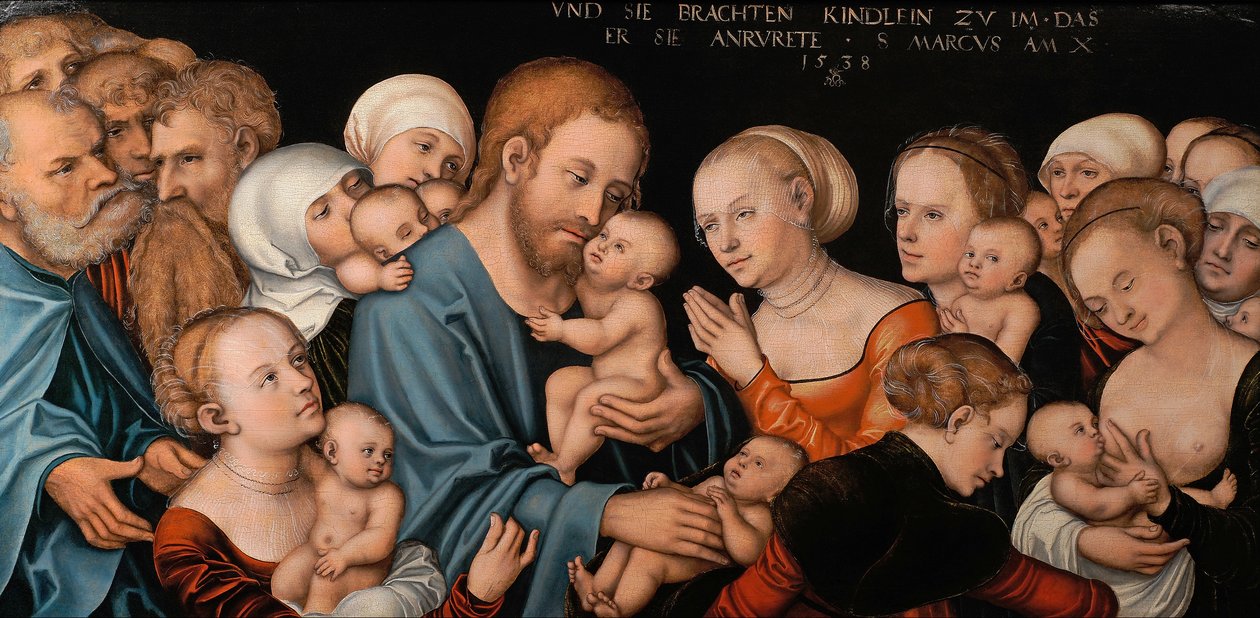 Alemão: Lasset die Kindlein zu mir kommen (Christus segnet die Kinder) Deixai vir a mim as criancinhas (Cristo abençoa as crianças) de Lucas Cranach the Elder