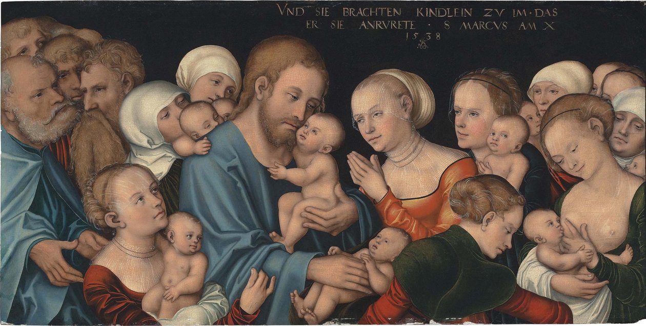 Alemão: Lasset die Kindlein zu mir kommen (Christus segnet die Kinder) Deixai vir a mim as criancinhas (Cristo abençoa as crianças) de Lucas Cranach the Elder