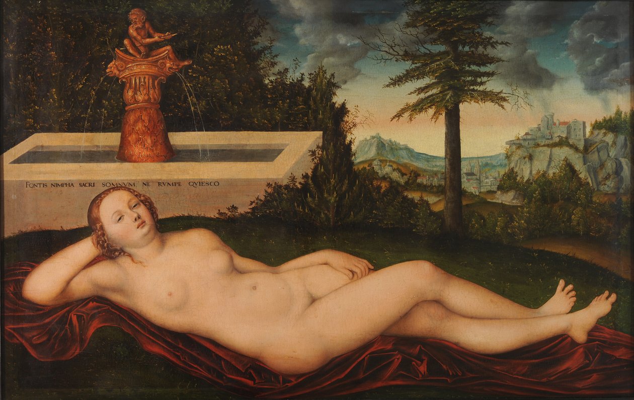 Alemão:  Quellnymphe am Brunnen Uma ninfa numa fonte de Lucas Cranach the Elder