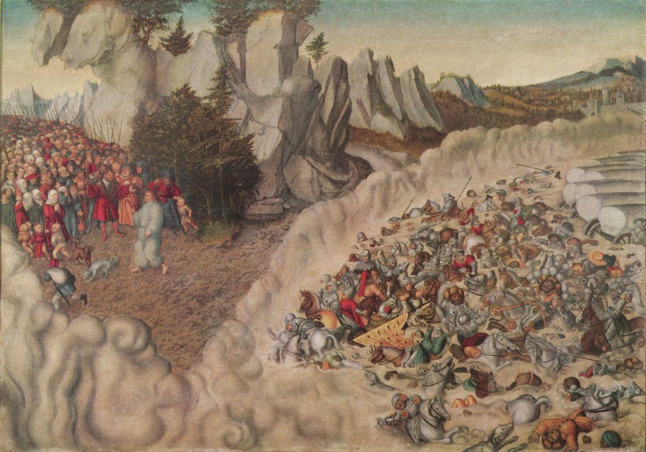 Alemão: Zug der Israeliten durch das Rote Meer (Untergang des Pharao) Os exércitos do Faraó engolidos pelo Mar Vermelho de Lucas Cranach the Elder