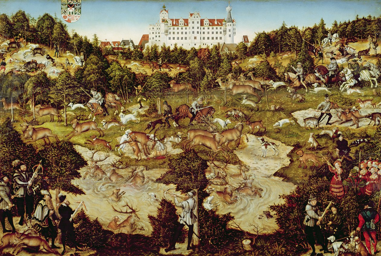 Caça em honra do imperador Carlos V perto do Castelo Hartenfels, Torgau, 1544 (ver também 498131, 72409 e 498129) de Lucas Cranach the Elder