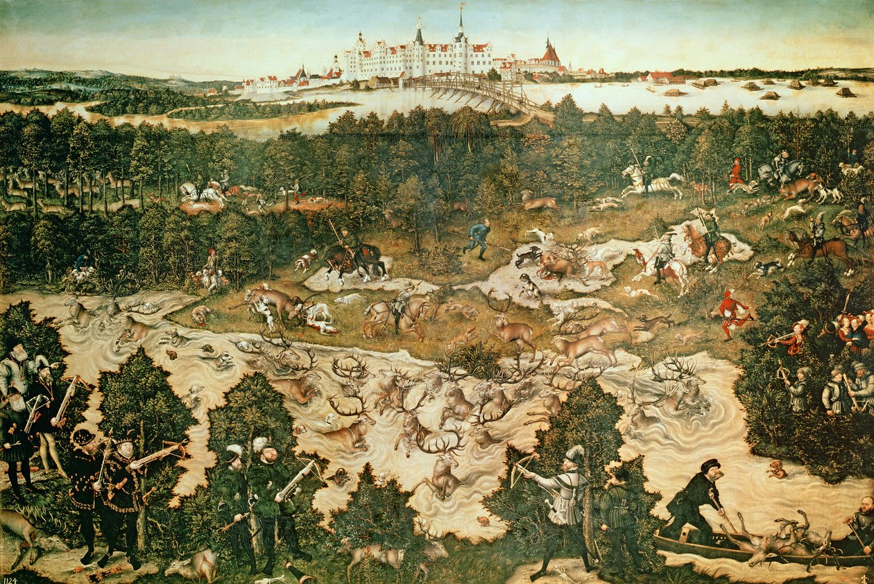 Caça em honra do imperador Carlos V perto do Castelo Hartenfels, Torgau, 1544 (ver também 38682, 72409 e 498129) de Lucas Cranach the Elder