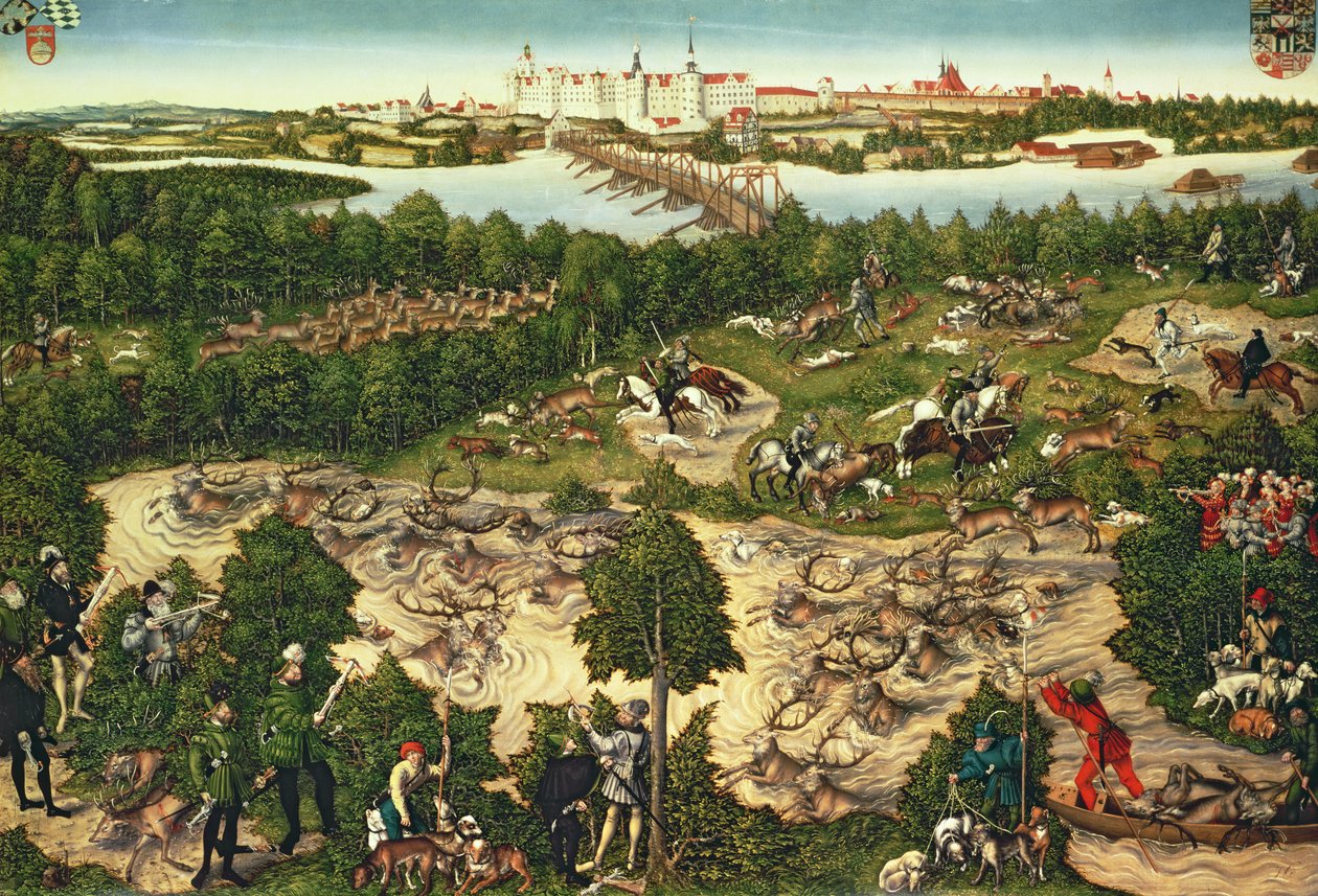 Caça em honra do imperador Carlos V perto do Castelo Hartenfels, Torgau, 1544 (ver também 498131, 38682 e 498129) de Lucas Cranach the Elder