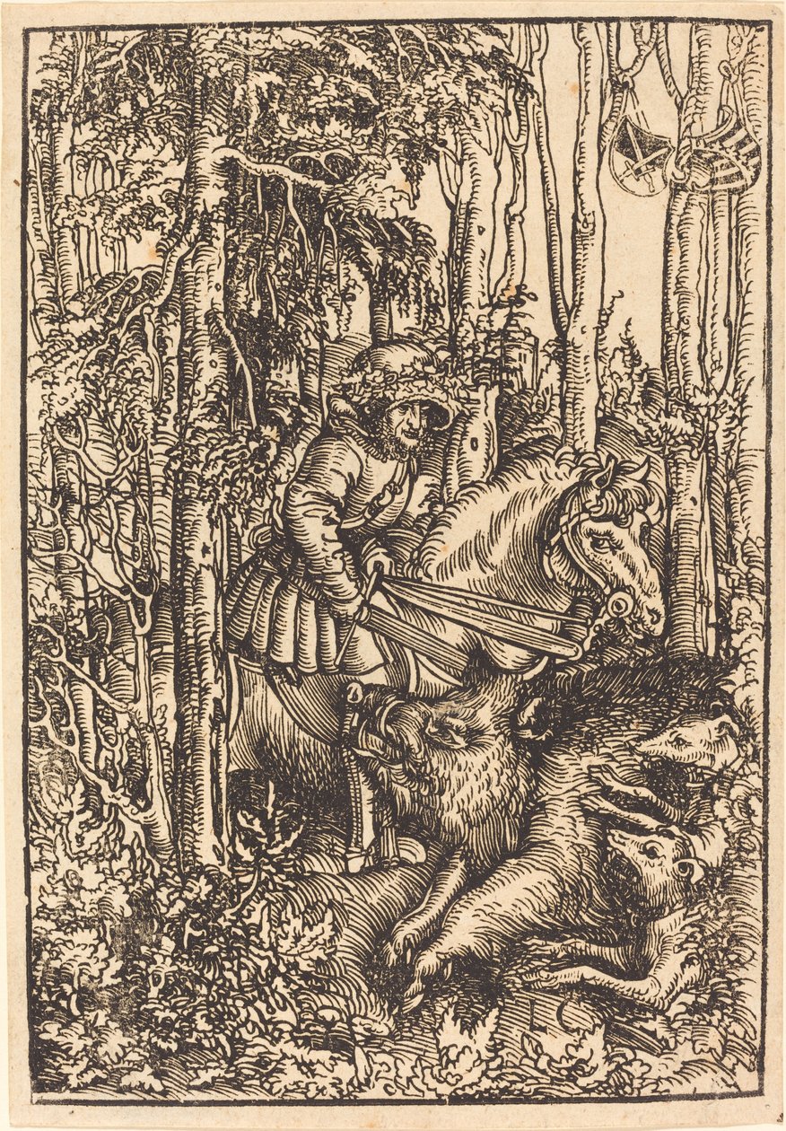 Caçador a cavalo caçando um javali de Lucas Cranach the Elder