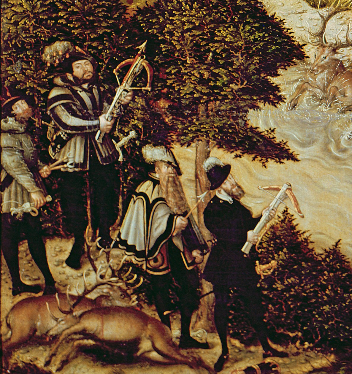 Johann Friedrich, o Magnânimo, Eleitor da Saxônia e Imperador Carlos V, caçando veados perto do Castelo de Hartenfels, Torgau, 1544 (detalhe de 38682) de Lucas Cranach the Elder