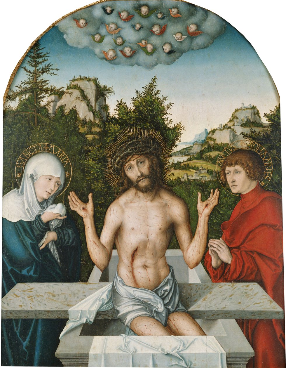 Retábulo de Pfirtscher: Cristo como Homem das Dores, sentado num sarcófago entre a Virgem e São João [painel central] de Lucas Cranach the Elder