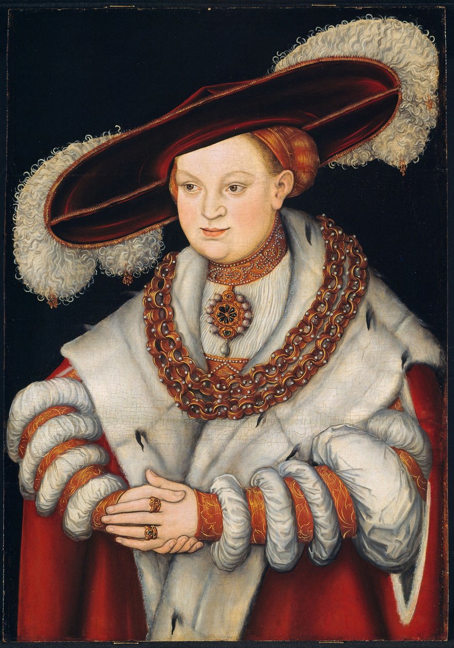 Retrato de Madalena da Saxónia, esposa do Eleitor Joaquim II de Brandeburgo de Lucas Cranach the Elder