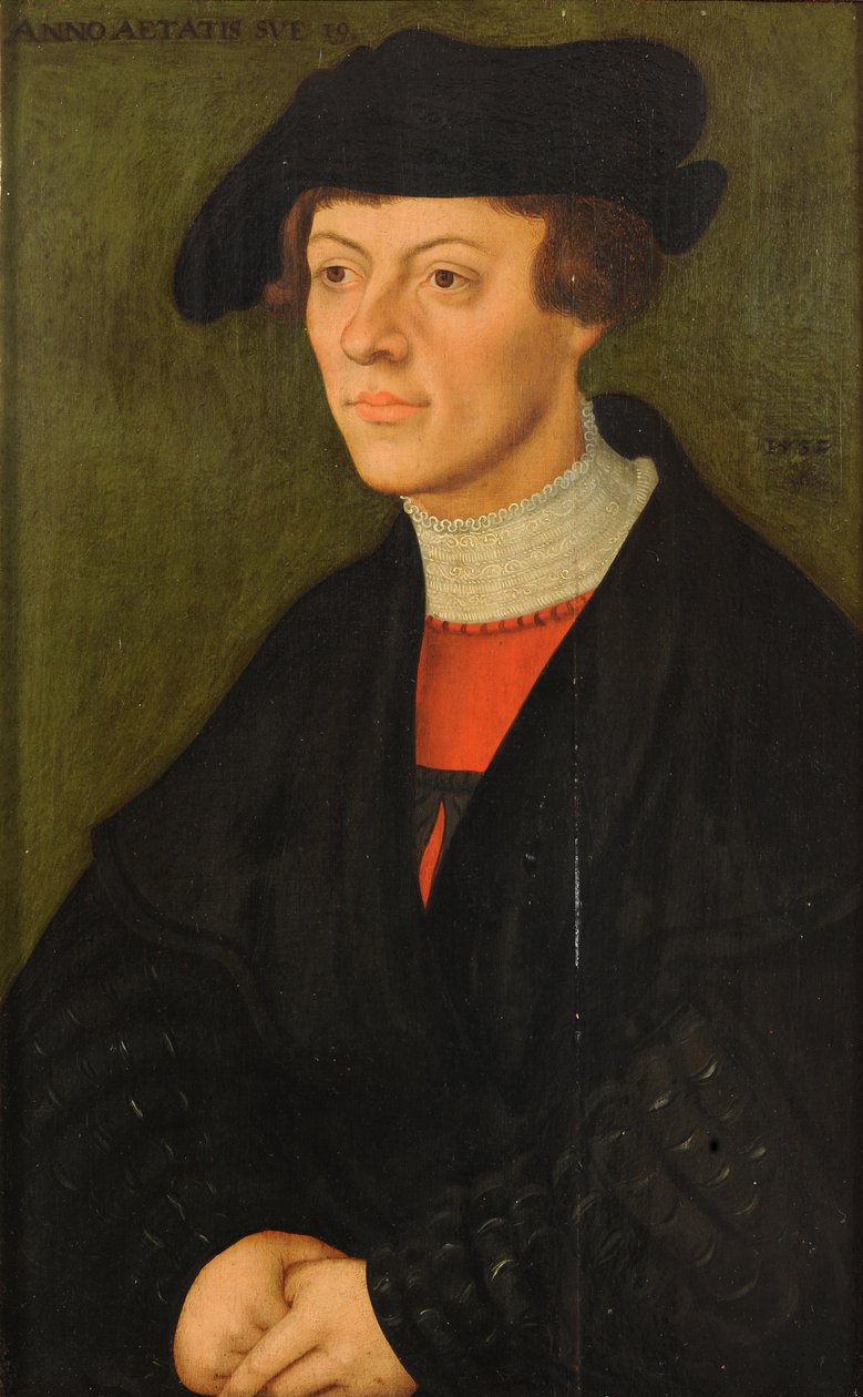 Retrato de um jovem de 19 anos em roupas pretas de Lucas Cranach the Elder