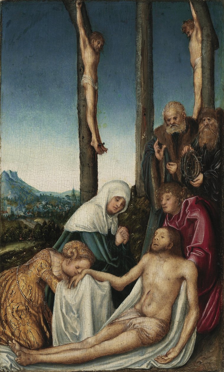 A lamentação com os dois ladrões crucificados de Lucas Cranach the Elder