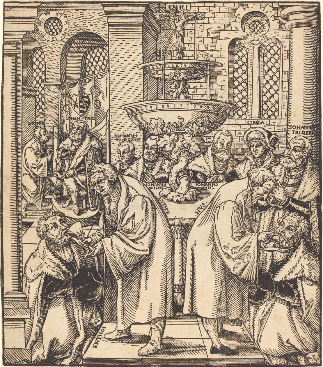 Os reformadores Lutero e Hus dando comunhão aos príncipes da Casa da Saxônia de Lucas Cranach the Elder