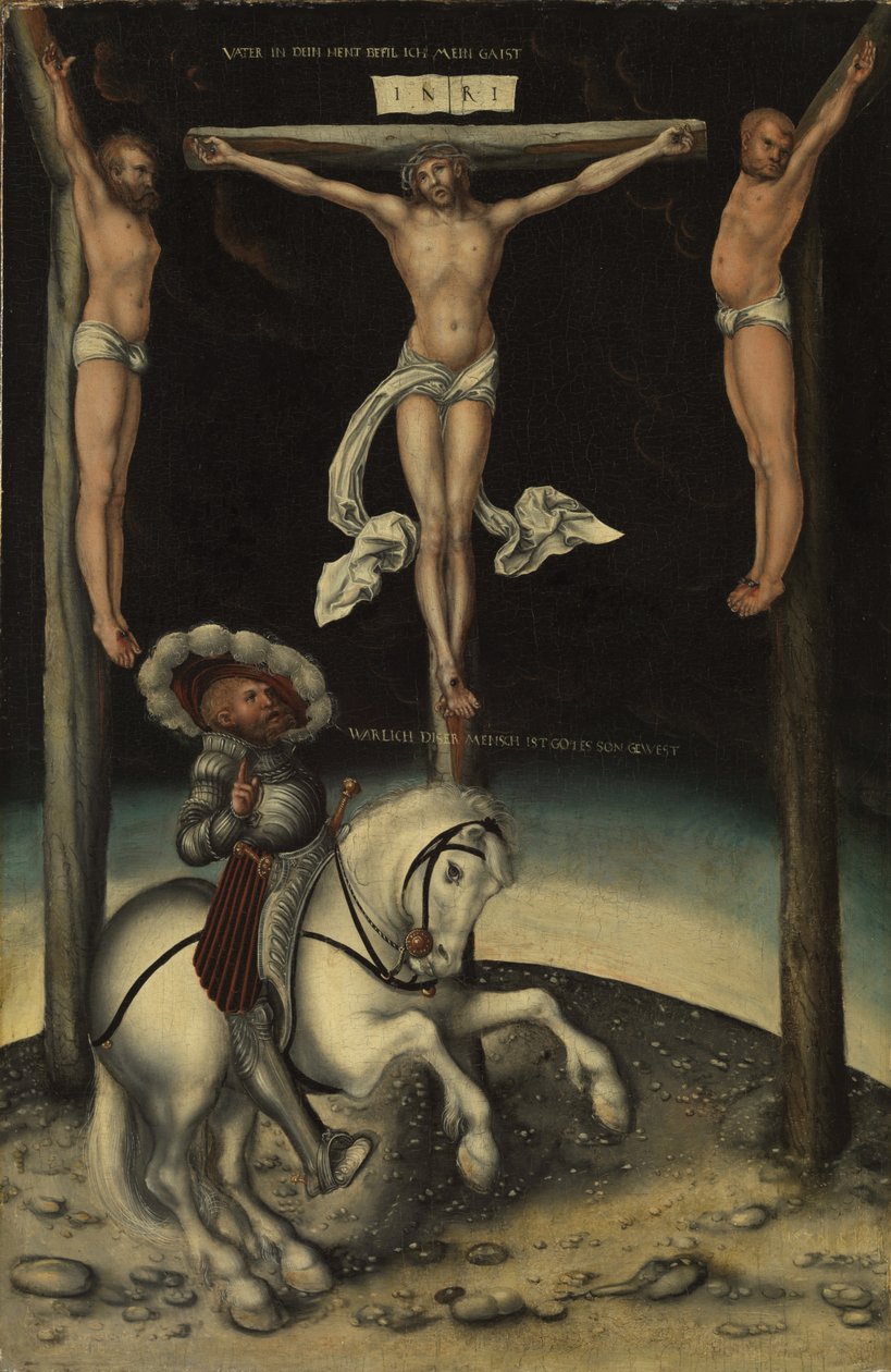 O centurião Longinus entre as cruzes de Cristo e os dois ladrões, 1539 de Lucas Cranach the Elder