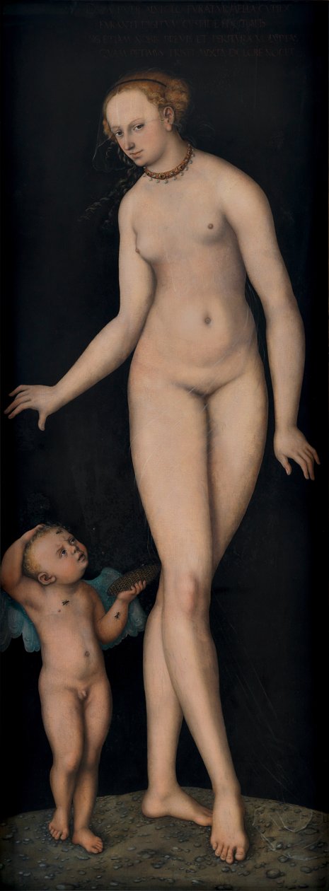 Vênus com Cupido como um ladrão de mel contra um fundo preto de Lucas Cranach the Elder