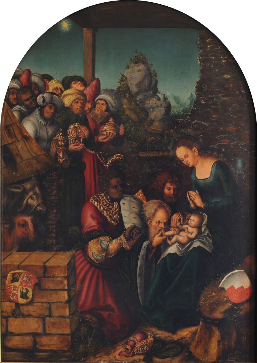 Alemão: Die Anbetung der Heiligen Drei Könige A Adoração dos Reis Magos de Lucas Cranach the Elder and workshop