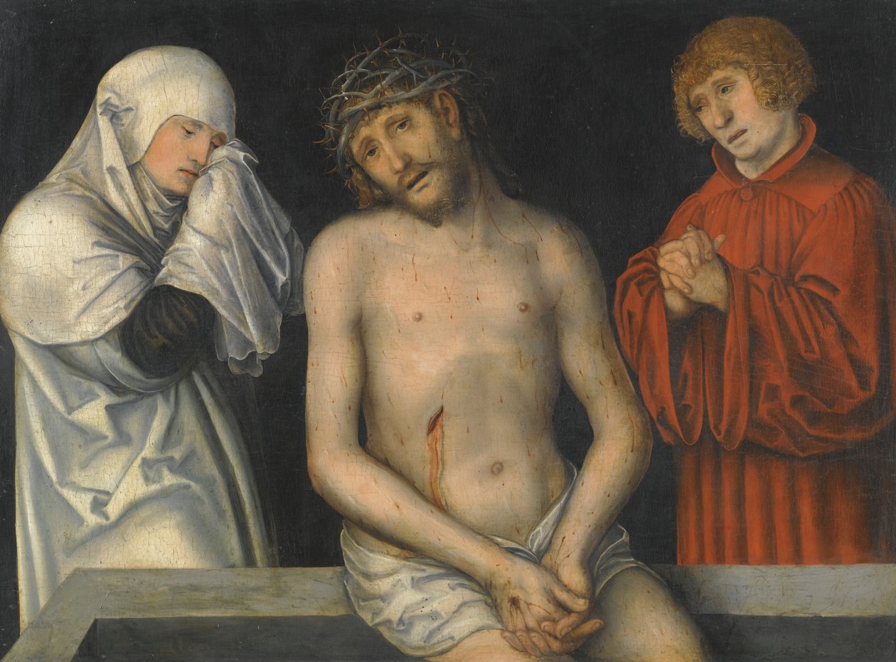 Alemão: Der Schmerzensmann zwischen Maria und Johannes Homem das Dores ladeado pela Virgem e por São João de Lucas Cranach the Younger