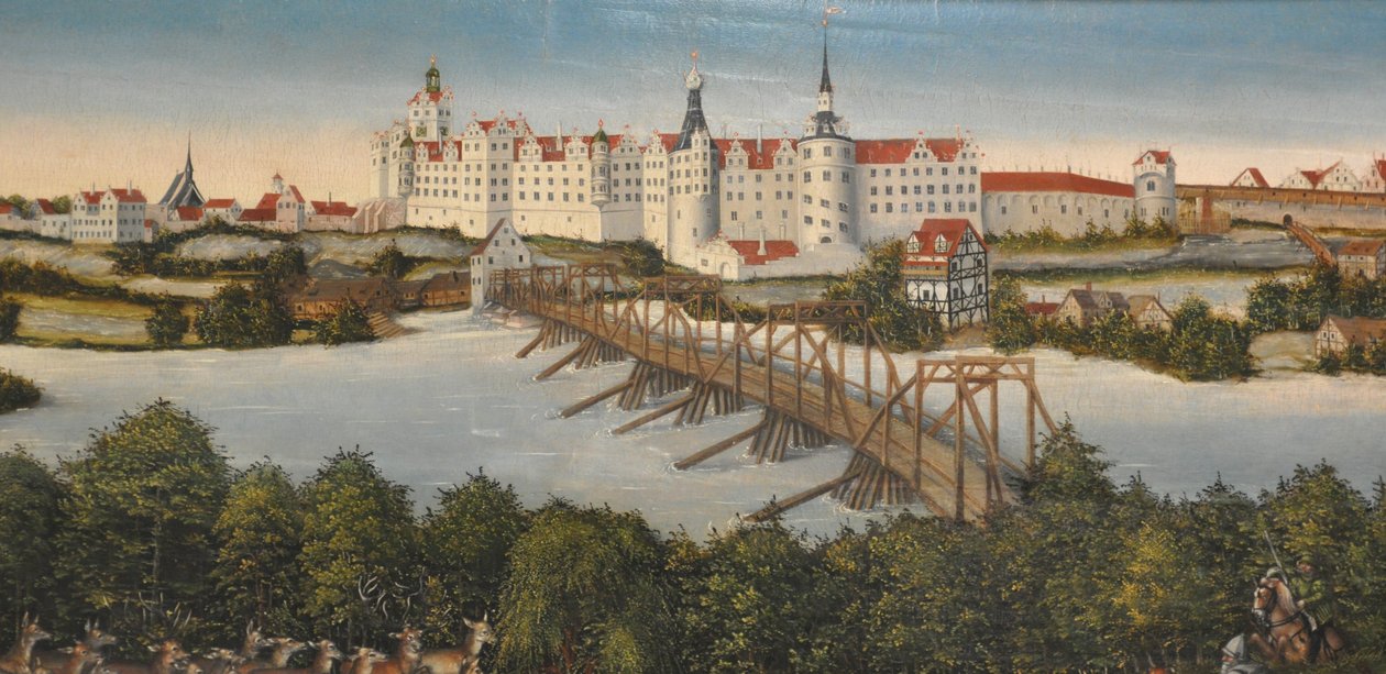 Alemão: Caça ao Veado do Eleitor Johann Friedrich Caça ao Veado do Eleitor Johann Friedrich
 pormenor: Castelo de Hartenfels em Torgau de Lucas Cranach the Younger