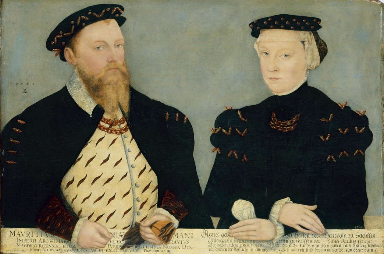 Alemão: Eleitor Moritz da Saxónia (1521-1553) e sua mulher Agnes (1527-1555) Moritz, Eleitor da Saxónia e sua mulher Agnes de Lucas Cranach the Younger