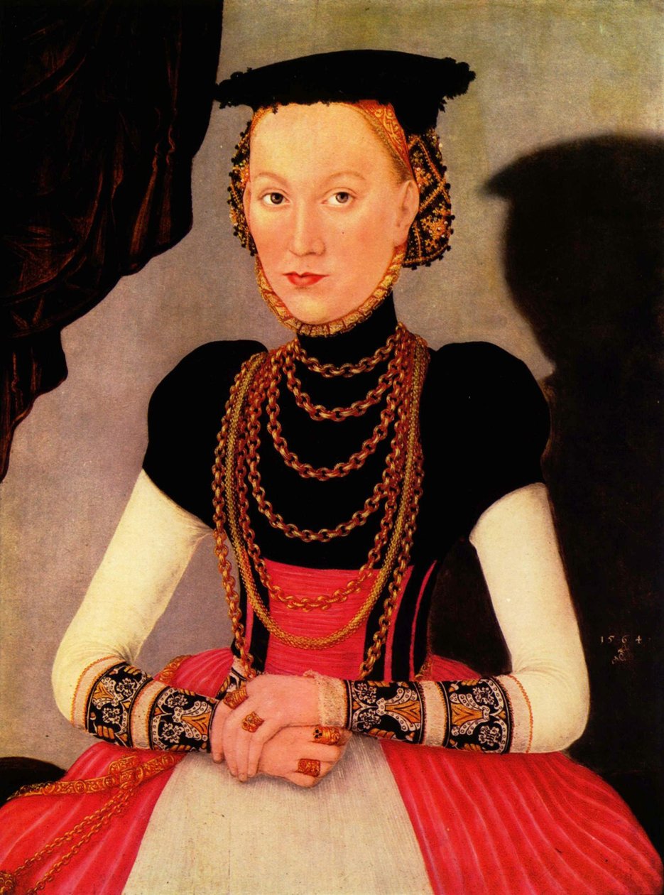 Alemão: Weibliches Bildnis / Bildnis einer Frau (eine geborene Hoffmann aus Leipzig) Retrato feminino / Portrait of a Woman (a Hoffmann by birth from Leipzig) de Lucas Cranach the Younger