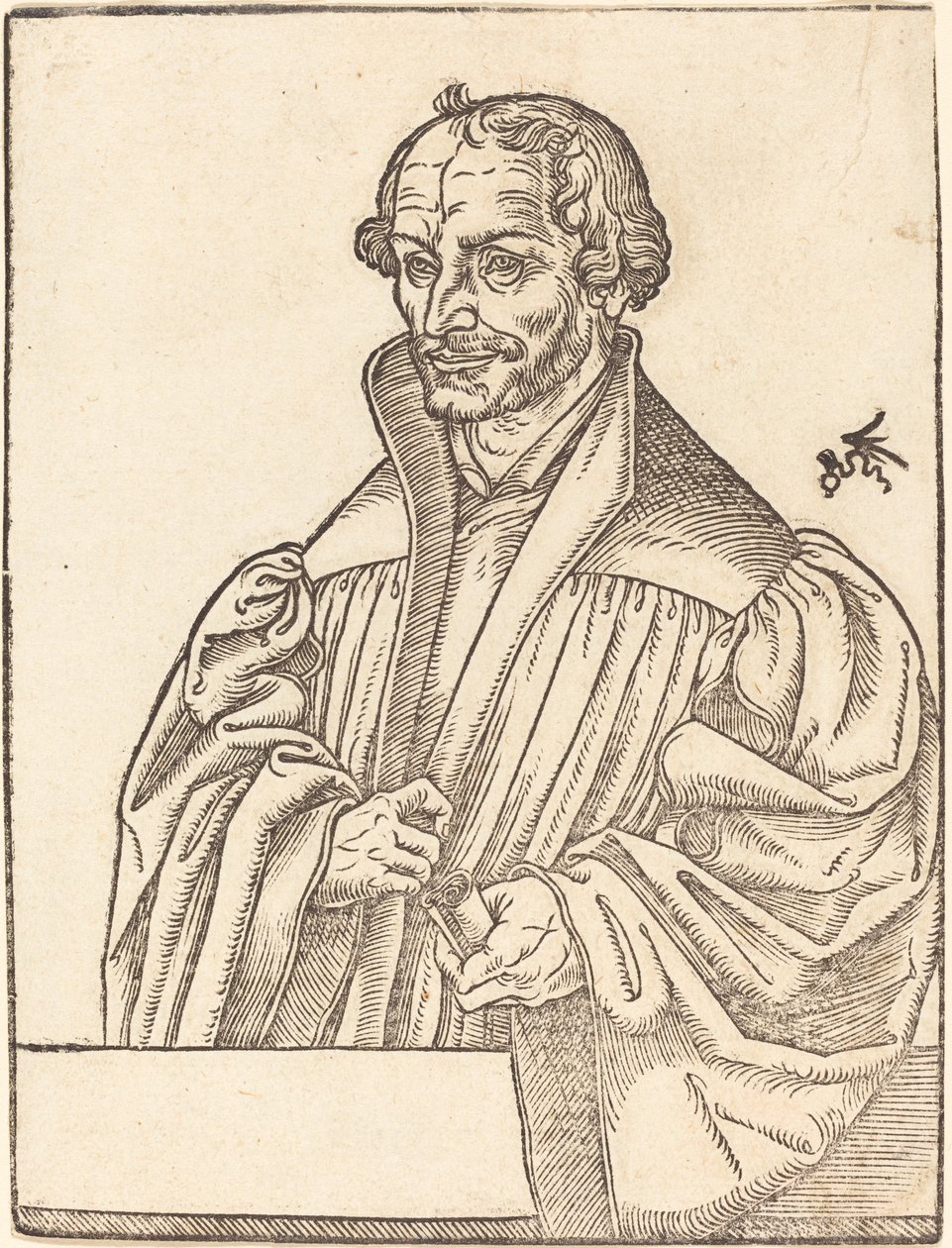 Philip Melanchton, meio comprimento para a esquerda, atrás de um parapeito de Lucas Cranach the Younger