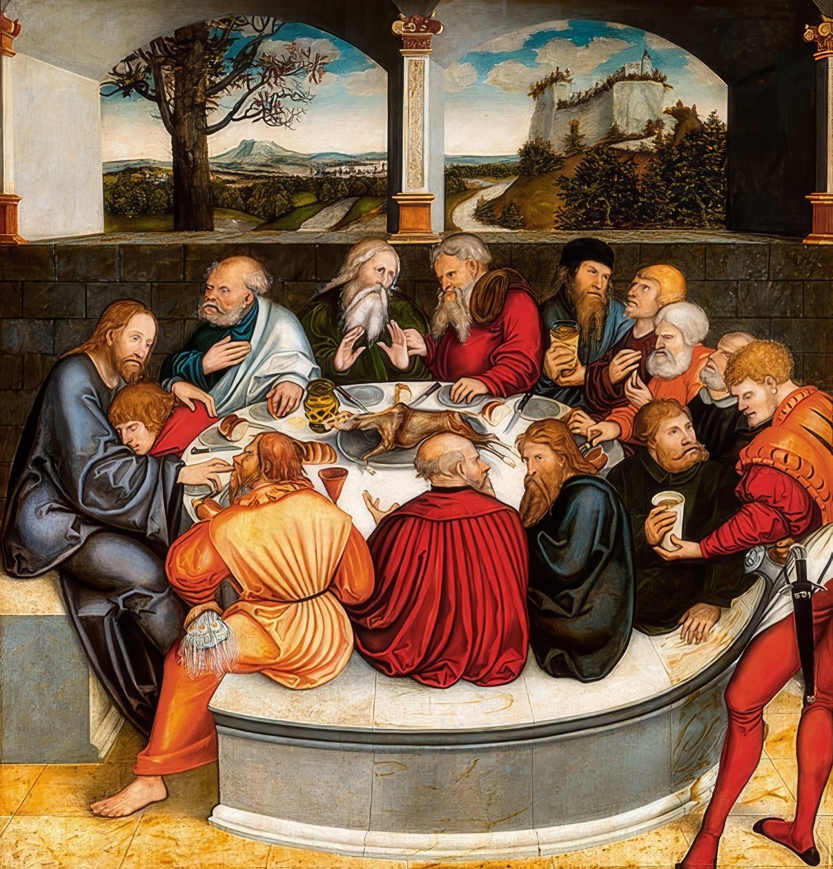 Altar da reforma, painel central da frente: Martinho Lutero entre os apóstolos no sacramento. 1546-47 de Lucas Cranach the Younger