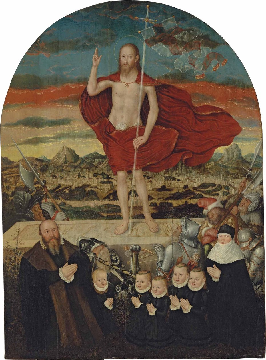 O Cristo ressuscitado com uma família de dadores de Lucas Cranach the Younger