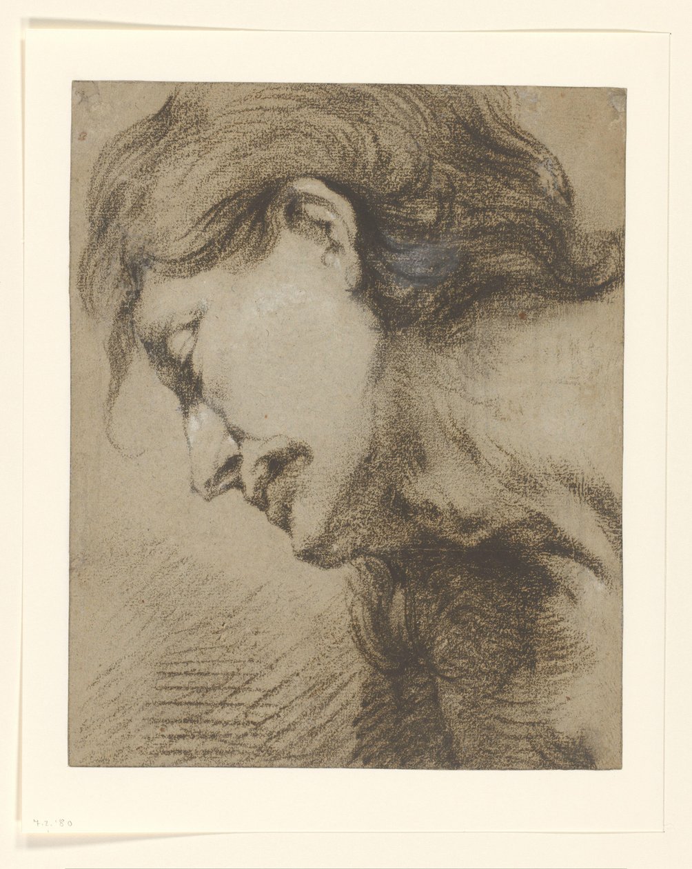 A cabeça do homem com cabelo comprido, olhando para baixo para a esquerda de Lucas Franchoys (attributed to)