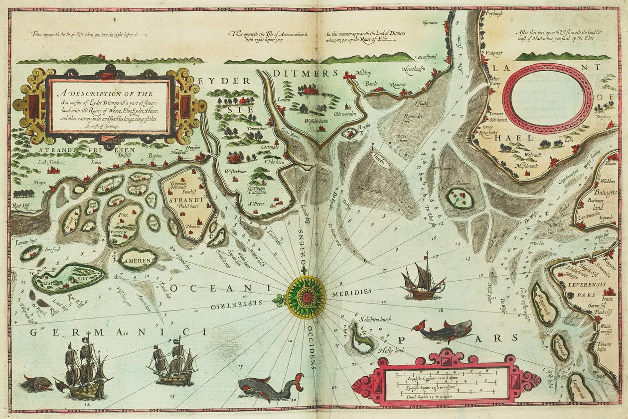 Descrição das costas marítimas de Eyder Ditmers e de uma parte de Jeverland, com os rios Weser, Elve, Eyder, Hever e outros entrees, areias e costas, ao longo da costa marítima da Alemanha de Lucas Janszoon Waghenaer