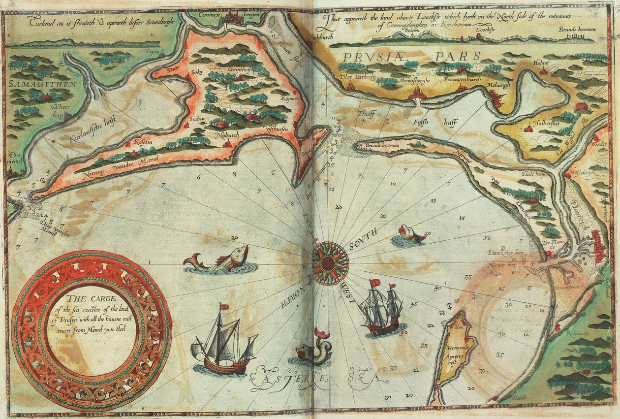 Costa da Prússia com todos os portos e rios desde Memel até Heel de Lucas Janszoon Waghenaer