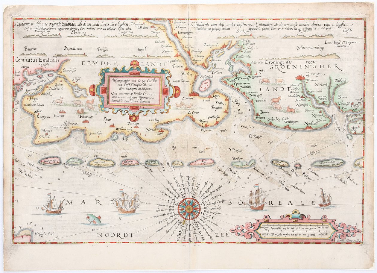 Mapa de 1584 da Frísia Oriental de Waghenaer de Lucas Janszoon Waghenaer