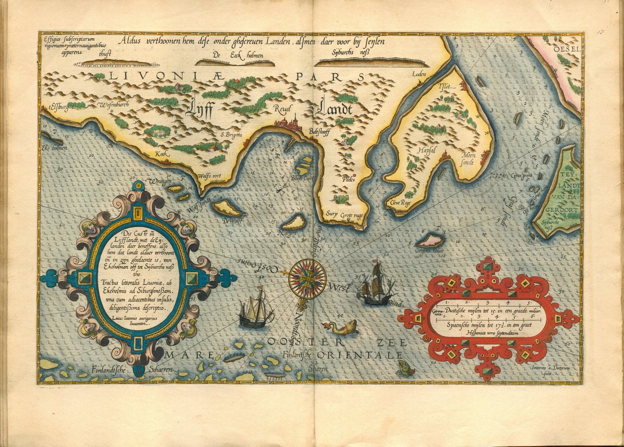 Livonia (Nord de la Lituanie actuelle) - Mapa de Livonia (Die custe va Lijfflandt met de eijlanden daer benfens...) - Waghenaer, Lucas Jansz (1533/34-1606) - 1586 - Gravura em cobre, aguarela - Colecção privada de Lucas Janszoon Waghenaer